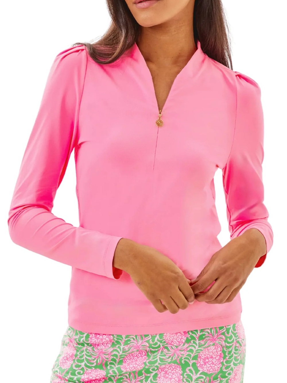 Lilly Pulitzer Hot Pink Long-Sleeve V-Neck Top with Gold Zip Charm